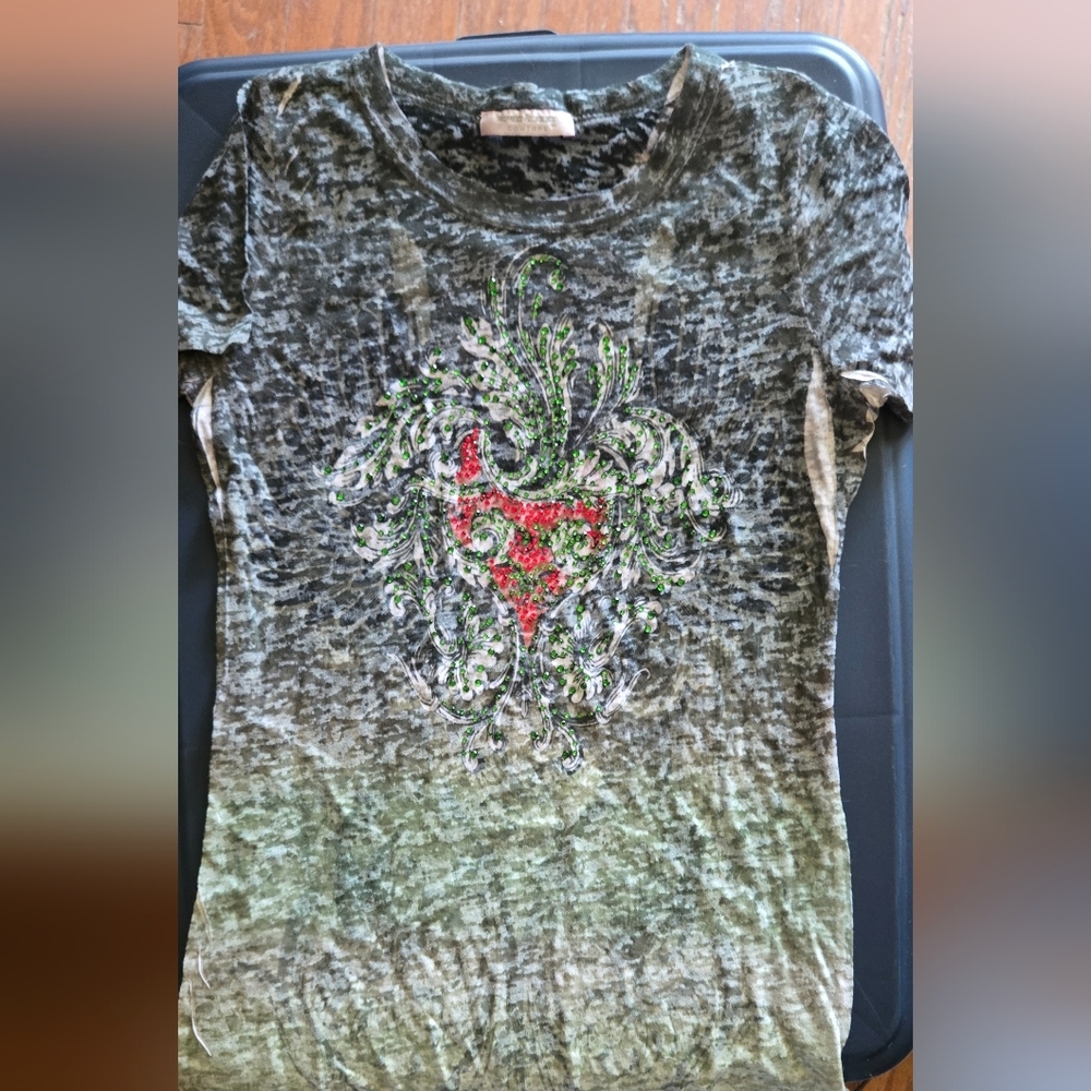 Romeo & Juliet Couture Womens Y2k Red, Green Graphic Short Sleeve Top Festival